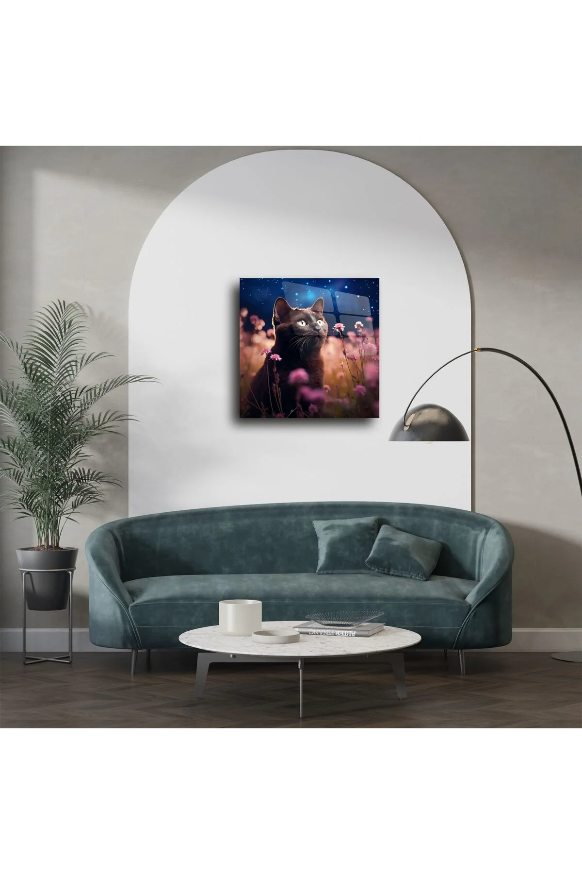 Yıldızlı Gece ve Çiçekler Arasında Siyah Kedi Cam Tablo Yıldızlı Gece ve Çiçekler Arasında Siyah Kedi Cam Tablo