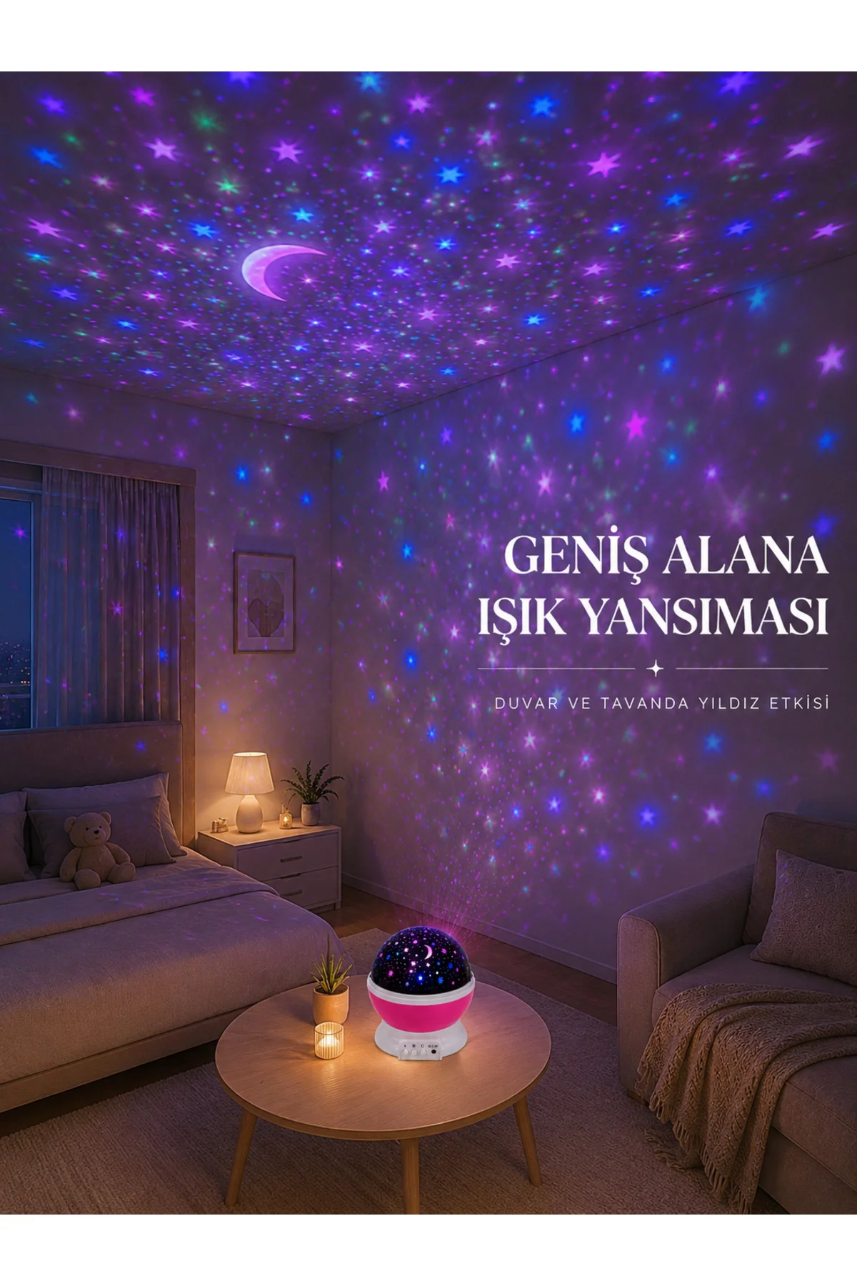 Yıldızlı Gökyüzü Projektörü Pembe Renkli Döner Çocuk Odası Gece Lambası Yıldızlı Gökyüzü Projektörü Pembe Renkli Döner Çocuk Odası Gece Lambası