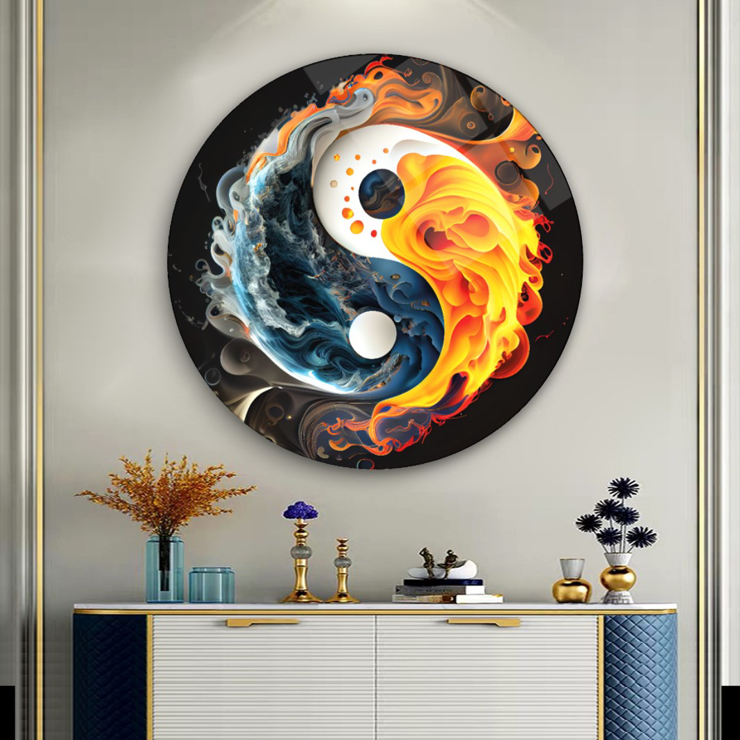 Ying Yang Yuvarlak Cam Tablo | Hediyelik, Dekoratif, Ofis, Mutfak