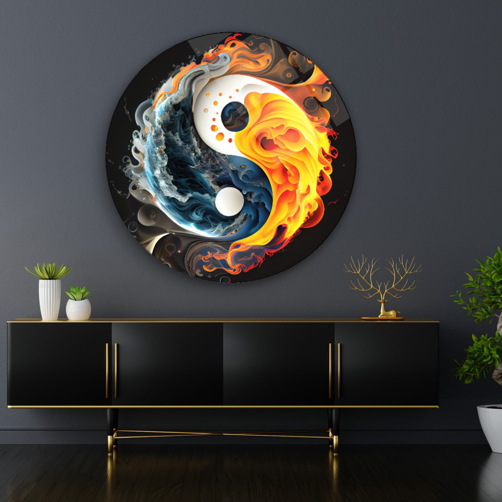 Ying Yang Yuvarlak Cam Tablo | Hediyelik, Dekoratif, Ofis, Mutfak