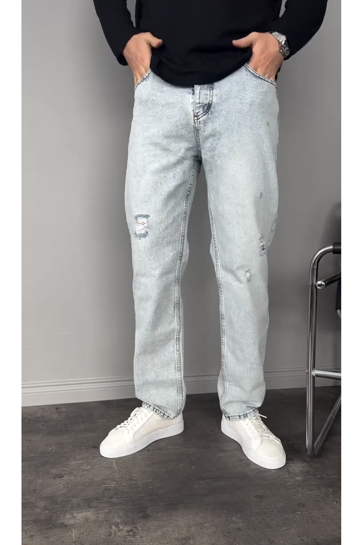 Casualmen32 Yirtik Detay Buz Mavi Baggy Pantolon