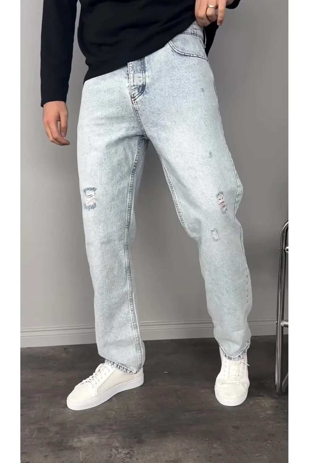 Yırtık Detay Buz Mavi Baggy Pantolon