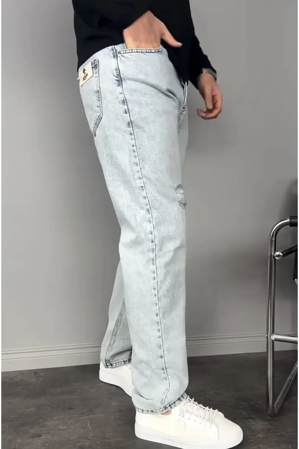 Yırtık Detay Buz Mavi Baggy Pantolon