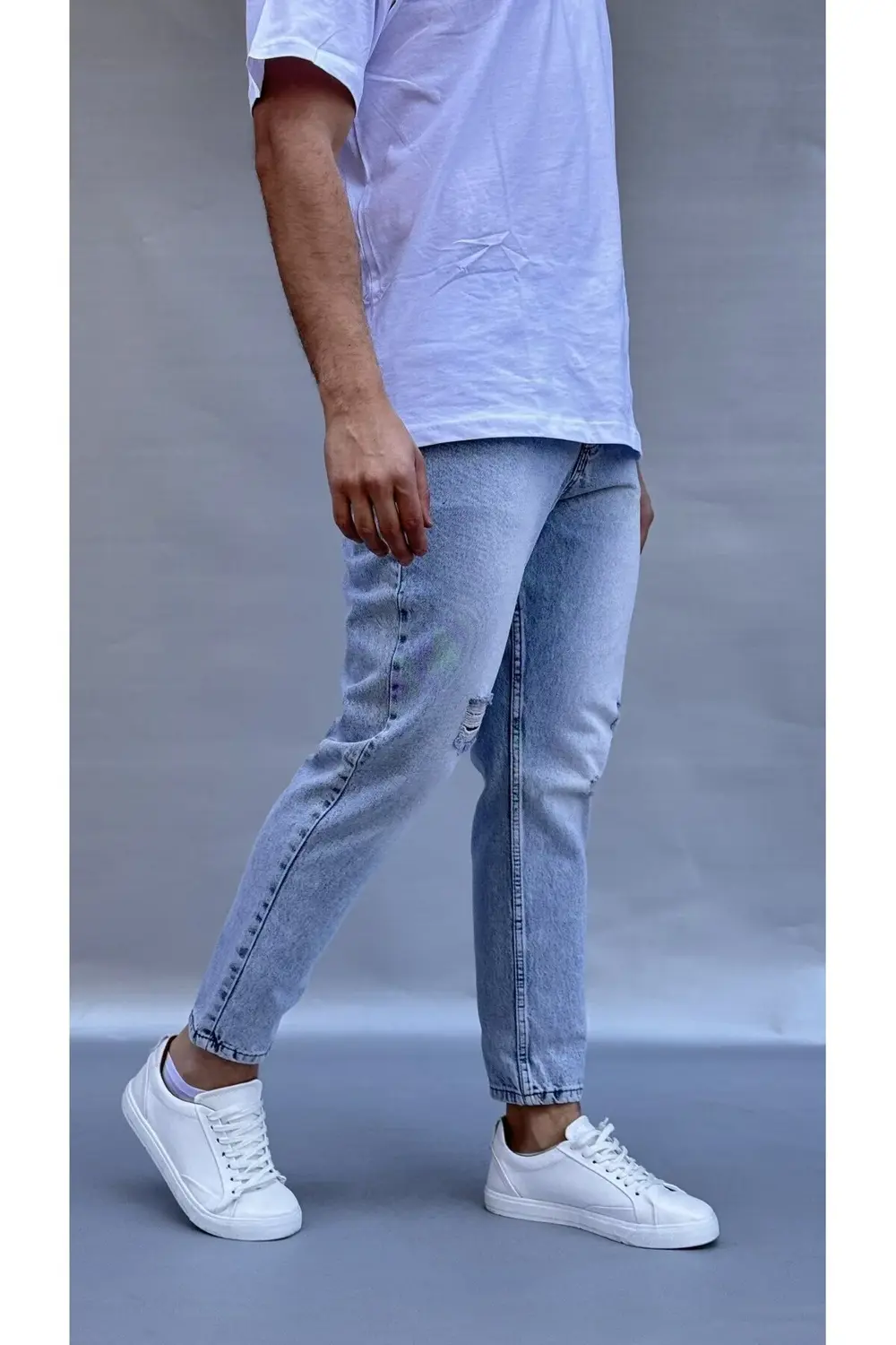 Yırtık Detay Buz Mavi Boyfriend Pantolon