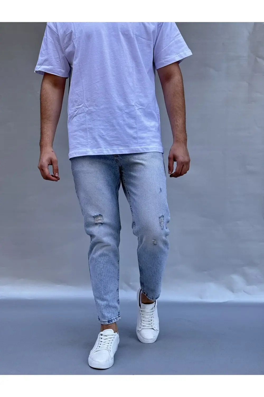 Yırtık Detay Buz Mavi Boyfriend Pantolon