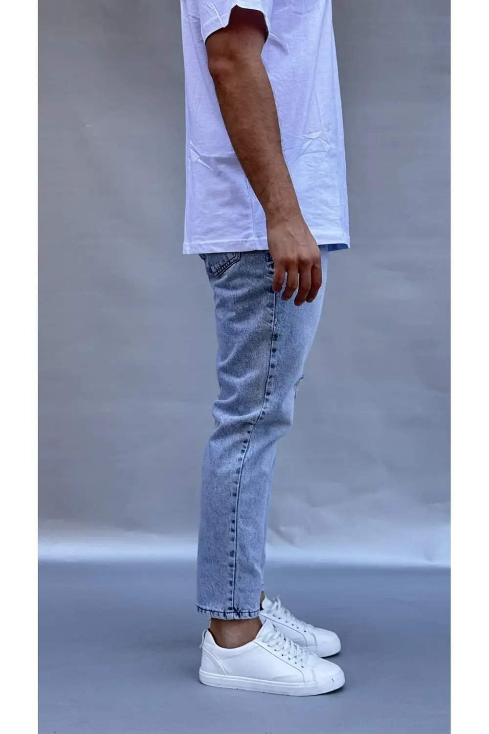 Yırtık Detay Buz Mavi Boyfriend Pantolon