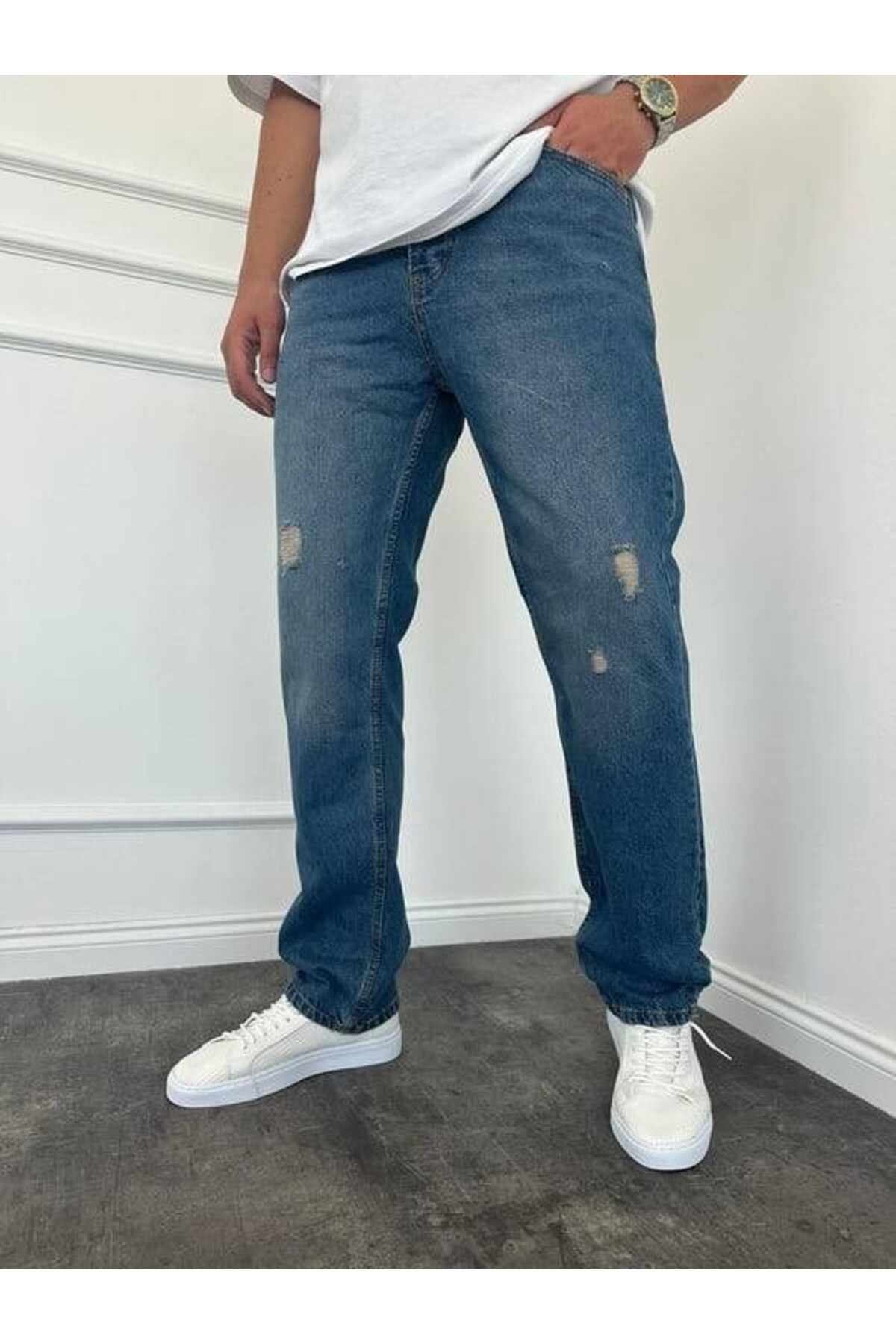 Yırtık Detay Koyu Mavi Baggy Jean