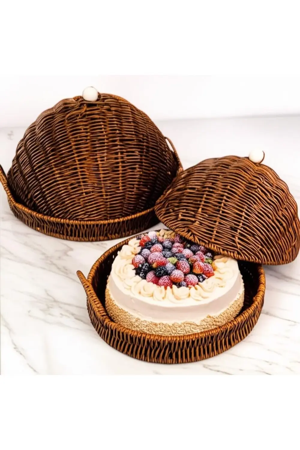 ynsShoping Wicker Serisi 2'li Kapaklı Hasır Örme Yuvarlak Saklama