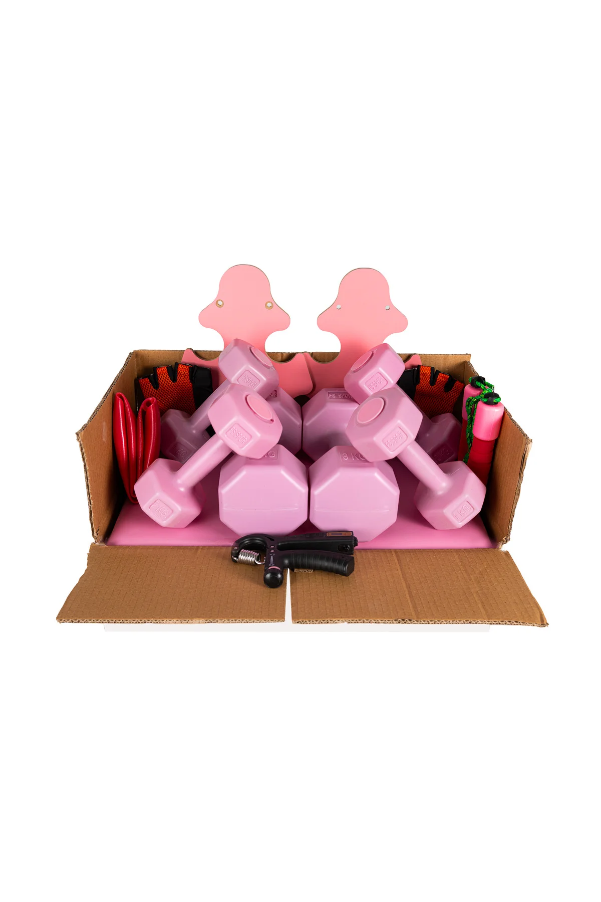 Yoga & Fitness Seti 1-2-3 Kg Dambıl Seti + 65 CM Pilates Topu + El Yayı + Atlama İpi + Eldiven + Step Tahtası - Pembe
