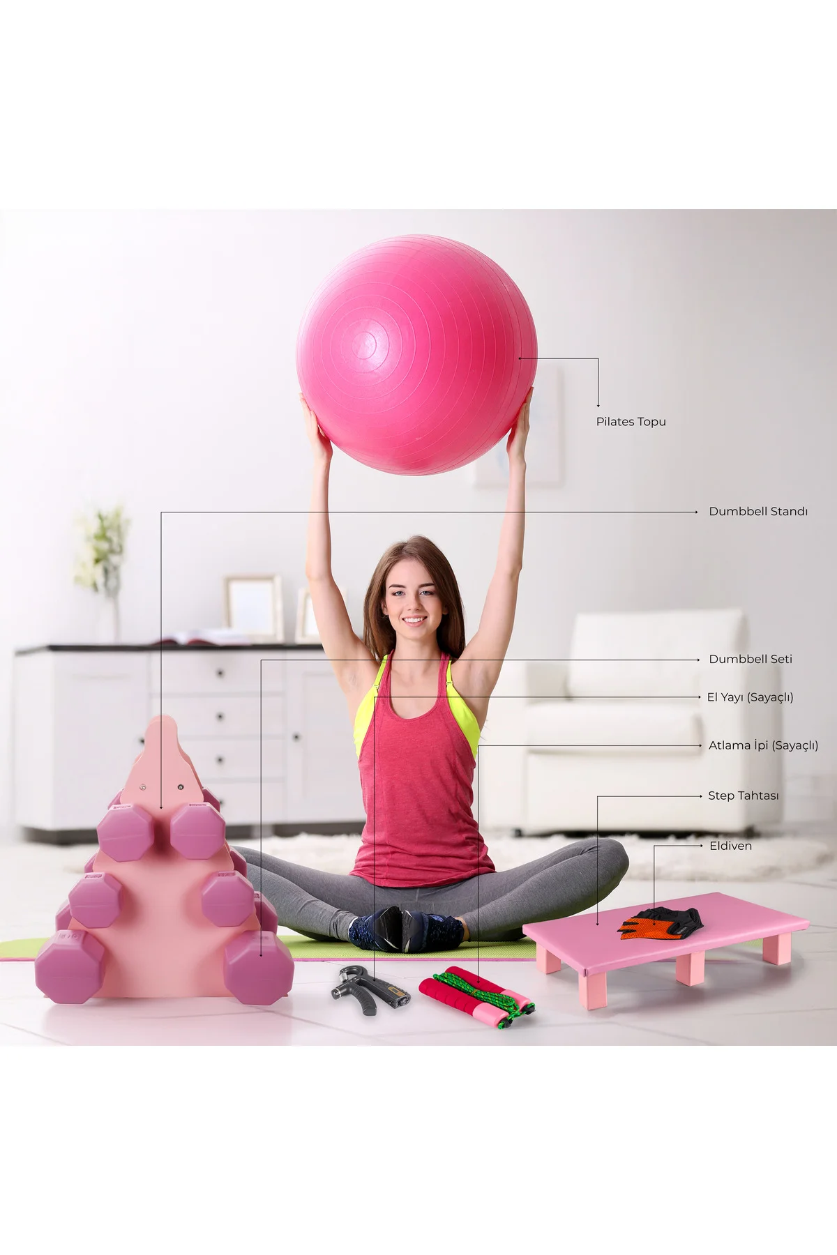 Yoga & Fitness Seti 1-2-3 Kg Dambıl Seti + 65 CM Pilates Topu + El Yayı + Atlama İpi + Eldiven + Step Tahtası - Pembe