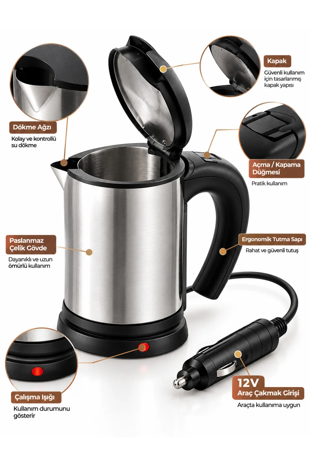 Yolculuk Ve Seyahat İçin 12V Araç Uyumlu Paslanmaz Çelik Elektrikli Su Isıtıcı Kettle - Görsel 2