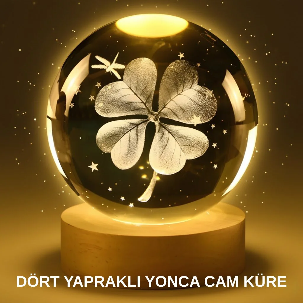 Yonca Bitki Figürlü LED Işıklı Cam Küre Gece Lambası Ahşap Standlı Dekorasyon Yonca Bitki Figürlü LED Işıklı Cam Küre Gece Lambası Ahşap Standlı Dekorasyon
