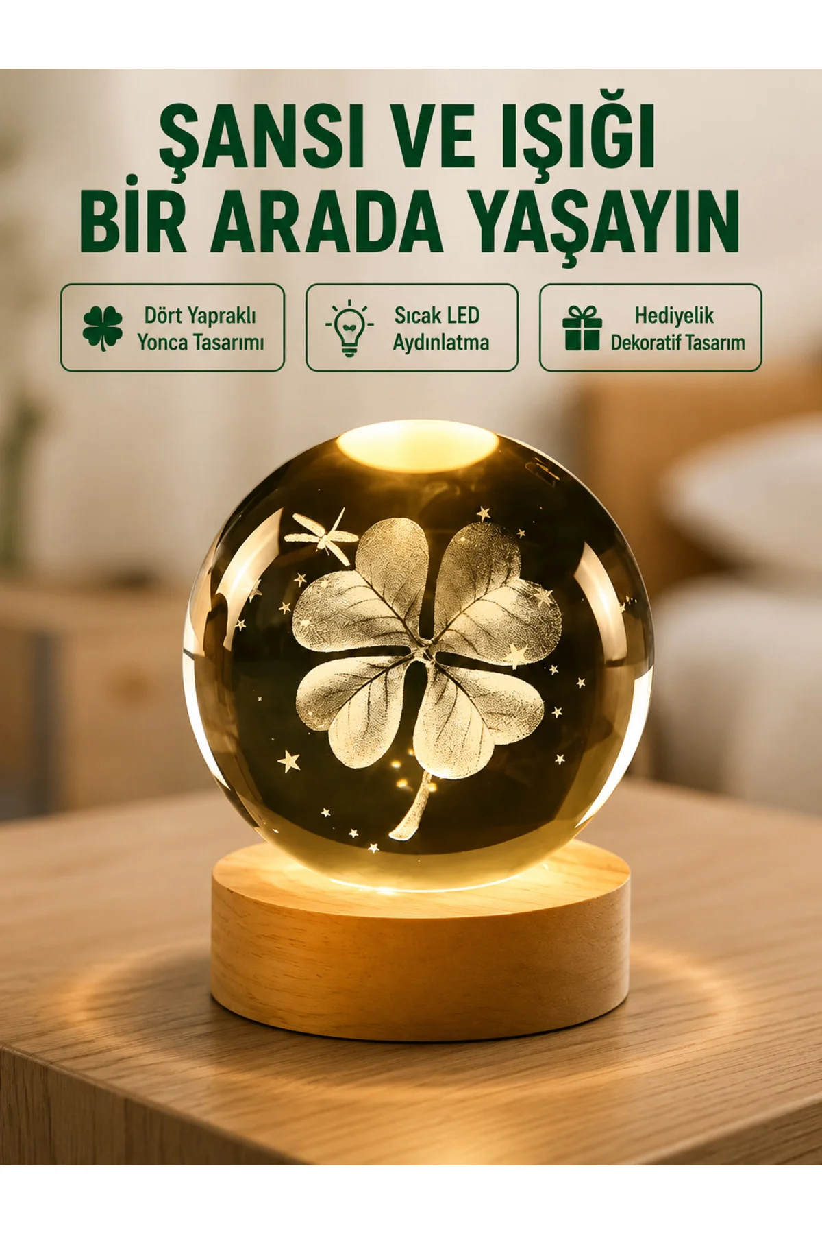 Yonca Figürlü Cam Küre Usb Işıklı Ahşap Tabanlı Dekoratif Masa Lambası Yonca Figürlü Cam Küre Usb Işıklı Ahşap Tabanlı Dekoratif Masa Lambası