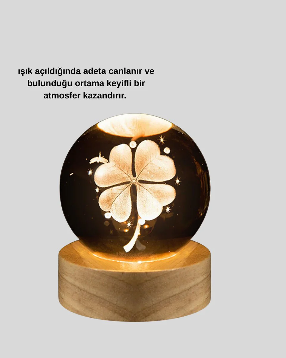 Yonca Görünümlü Işıklı Kristal Cam Küre USB Masa Gece Lambası - Sıcak Parıltı ve Modern Tasarım