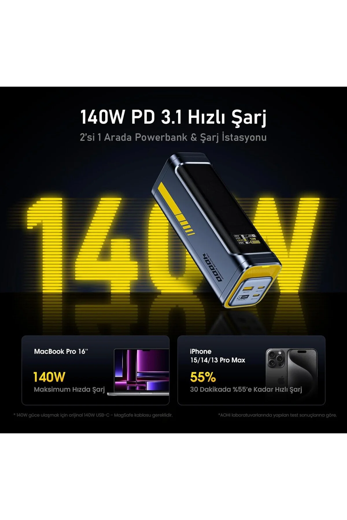 Youth 140W 3 Portlu Şarj Adaptörü, 40.000 mAh 140W PD3.1 Powerban