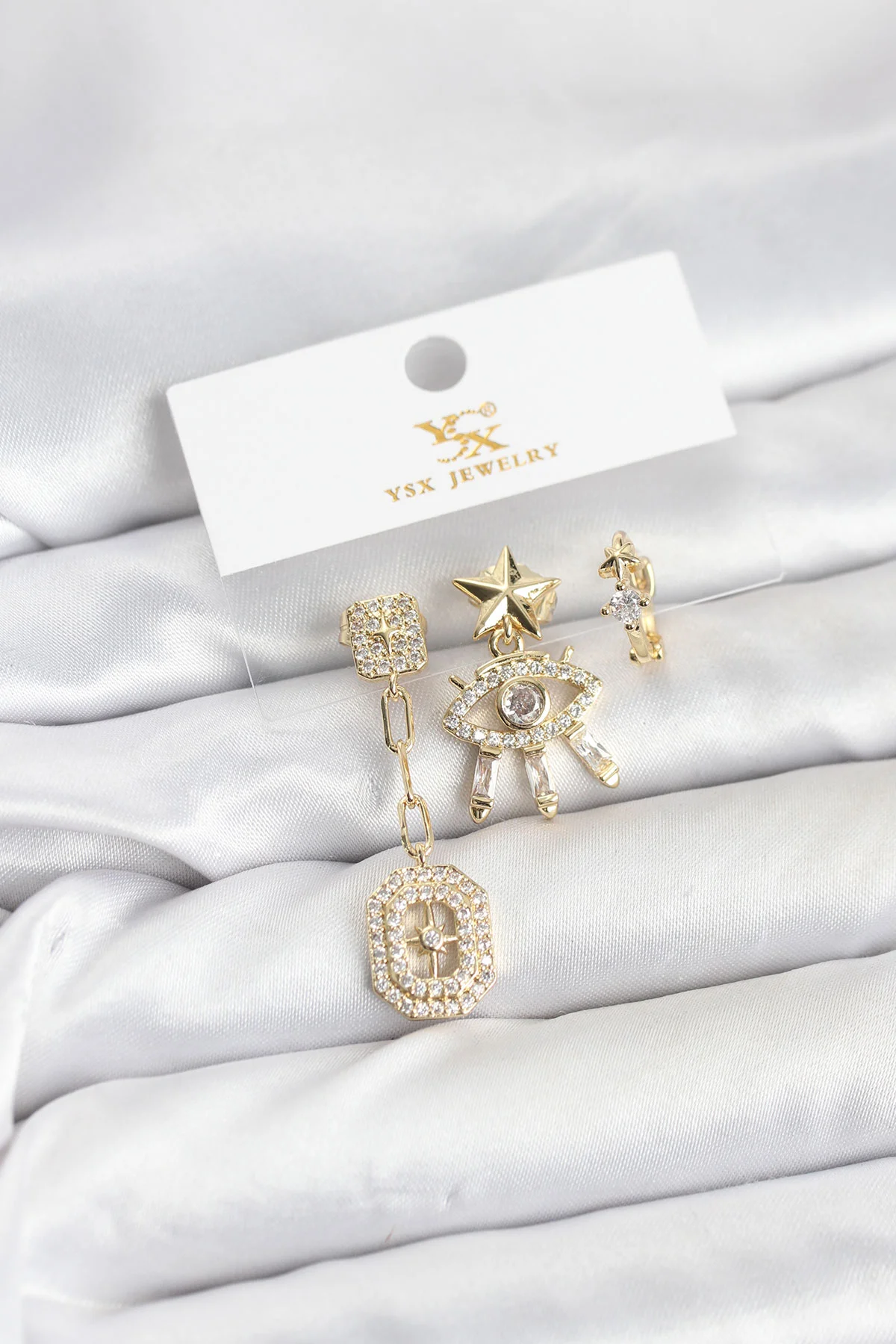 YSX Trio Küpe Seti 5886 - Pirinç Gold Göz ve Kutup Yıldızı Modelleri, Zirkonlu Spor & Abiye