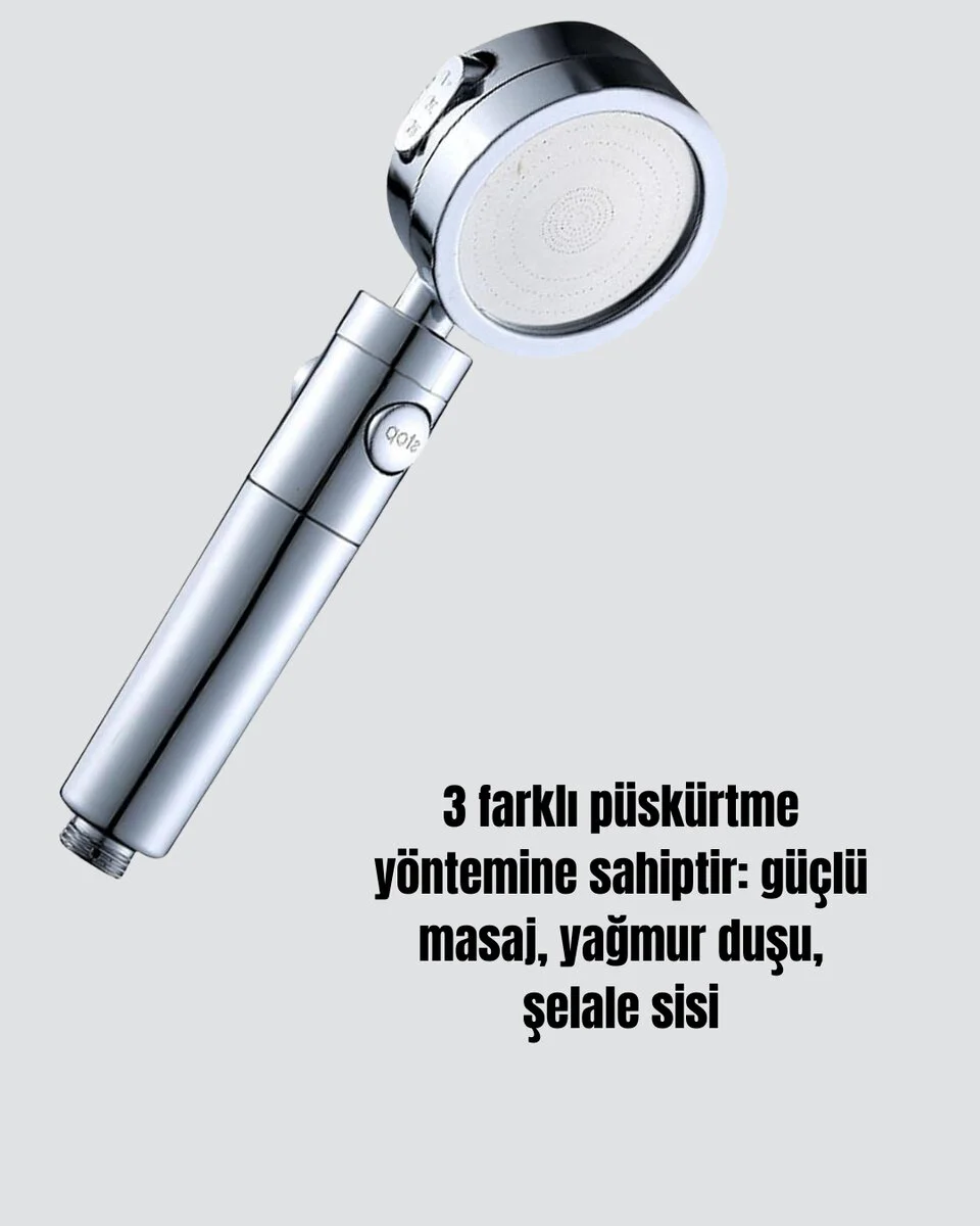 Yüksek Basınçlı 3 Fonksiyonlu Duş Başlığı - Güçlü Masaj, Yağmur ve Şelale Modları