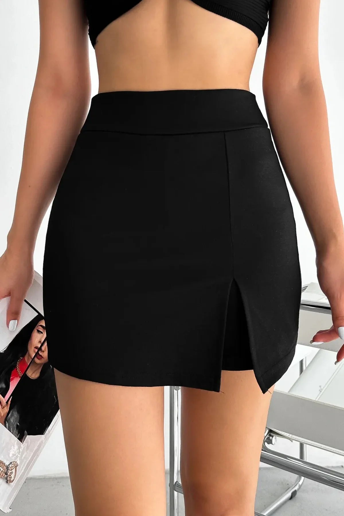 Yüksek Bel Slim Fit Mini Şort Etek Kadın Siyah Toparlayıcı Spor G