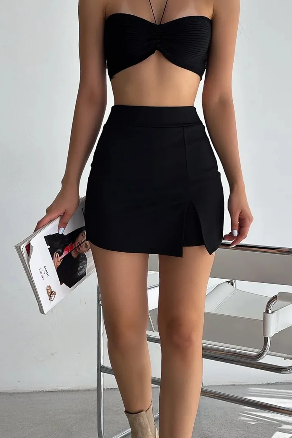 Yüksek Bel Slim Fit Mini Şort Etek Kadın Siyah Toparlayıcı Spor G