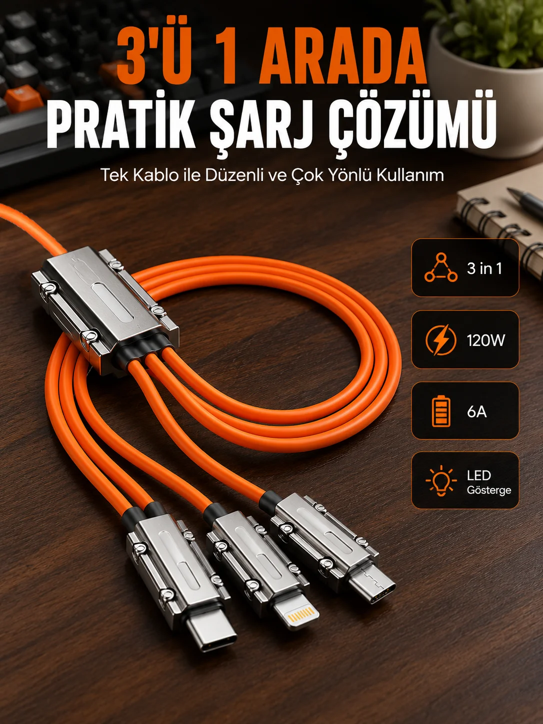 Yüksek Güç Aktarımı Sunan 6A Destekli Çoklu Bağlantı Şarj ve Veri Kablosu Yüksek Güç Aktarımı Sunan 6A Destekli Çoklu Bağlantı Şarj ve Veri Kablosu