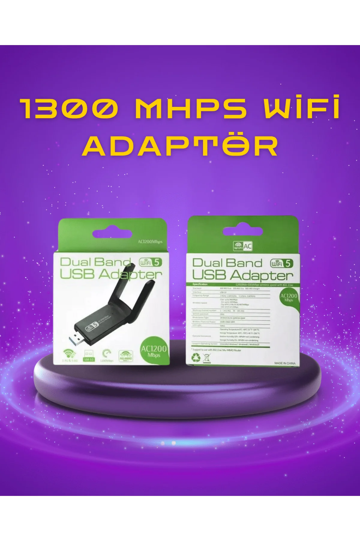 Yüksek Hızlı 1200 Mbps Çift Bant USB WiFi Adaptör – Güçlü Sinyal, Geniş Uyumluluk