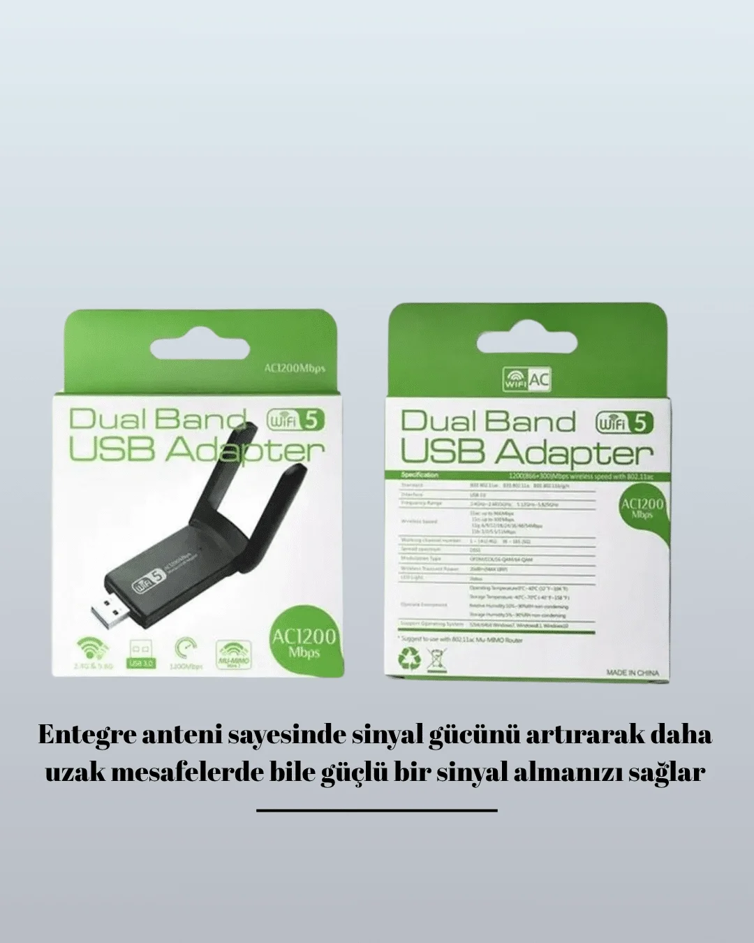 Yüksek Hızlı 1200 Mbps Çift Bant USB WiFi Adaptör – Güçlü Sinyal,