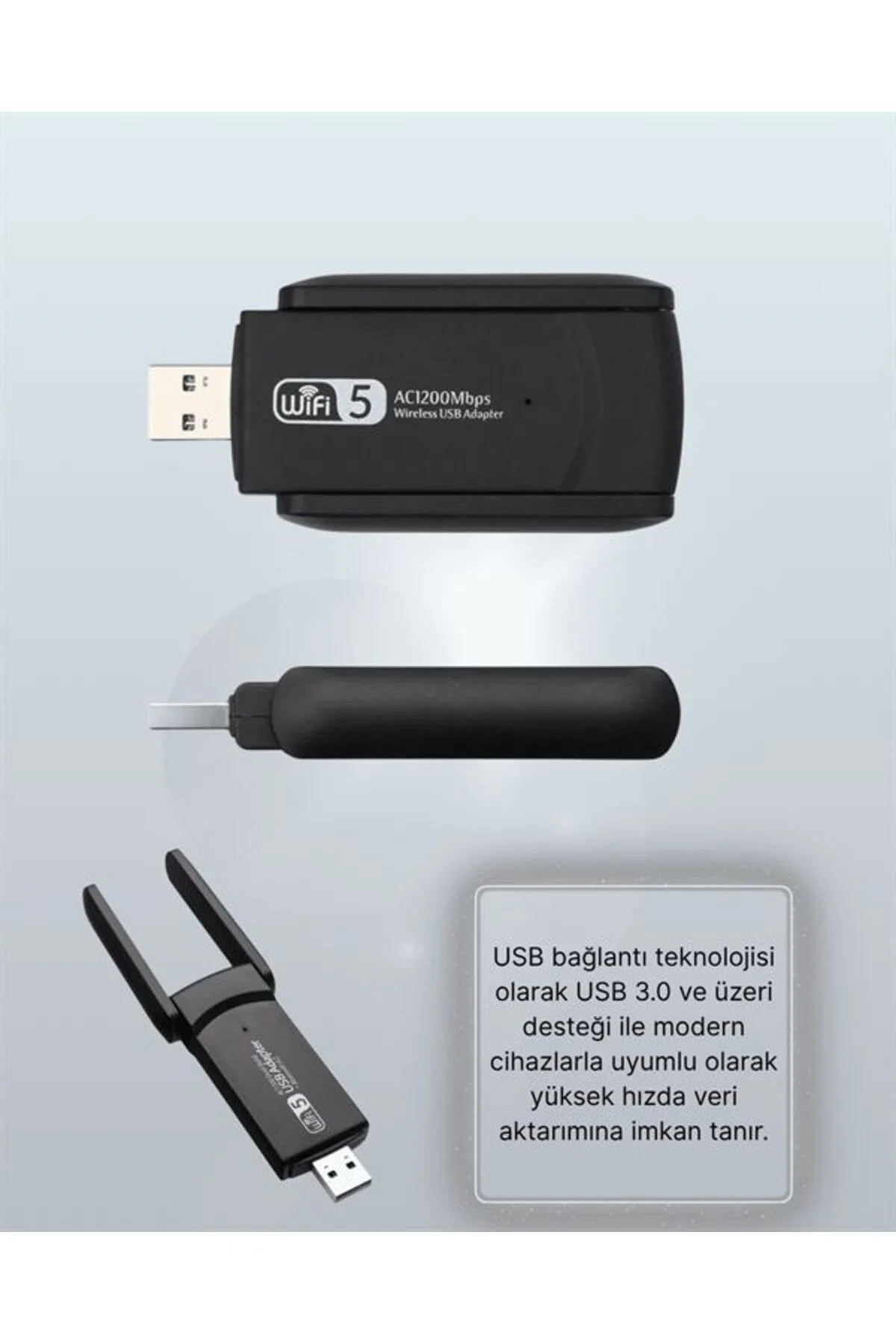 Yüksek Hızlı 1200 Mbps Çift Bant USB WiFi Adaptör – Güçlü Sinyal, Geniş Uyumluluk