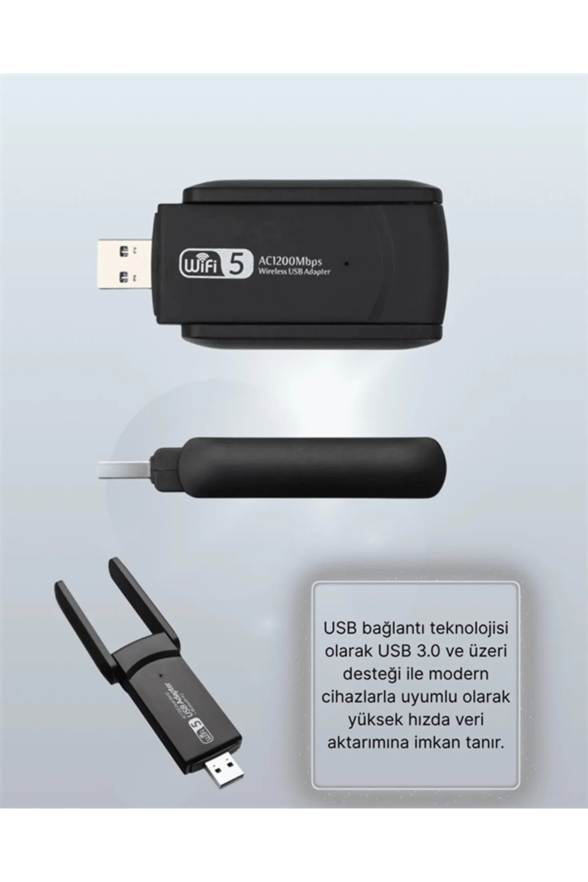 Yüksek Hızlı 1200 Mbps Çift Bant USB WiFi Adaptör – Güçlü Sinyal,