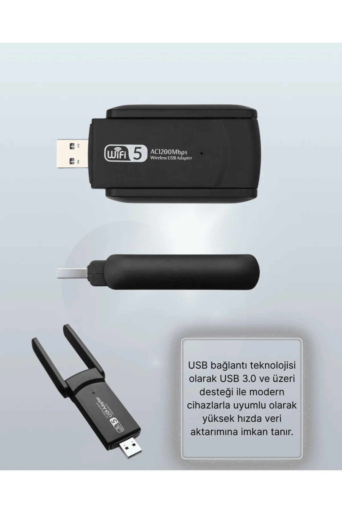 Yüksek Hızlı 1200 Mbps Çift Bant USB WiFi Adaptör – Güçlü Sinyal, Geniş Uyumluluk