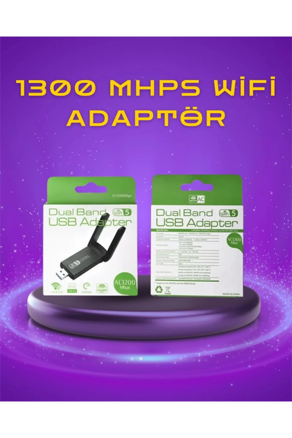 Yüksek Hızlı 1200 Mbps Çift Bant USB WiFi Adaptör – Güçlü Sinyal,