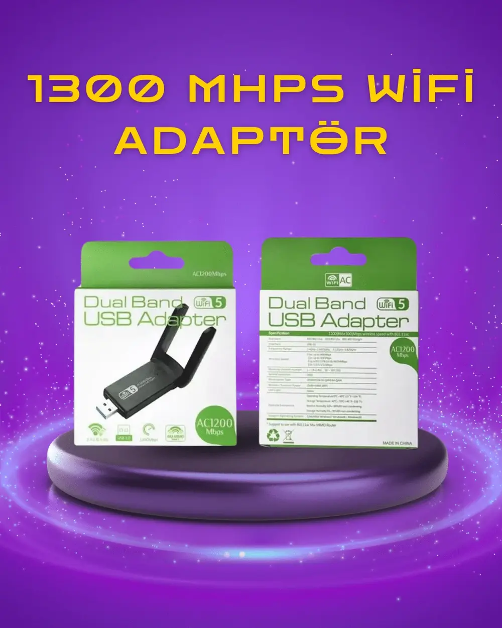 Yüksek Hızlı 1200 Mbps Çift Bant USB WiFi Adaptör – Güçlü Sinyal,