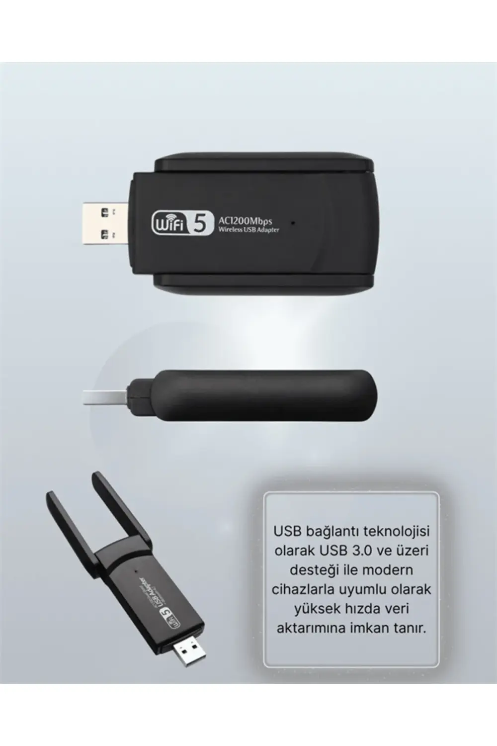 Yüksek Hızlı 1200 Mbps Çift Bant USB WiFi Adaptör – Güçlü Sinyal,