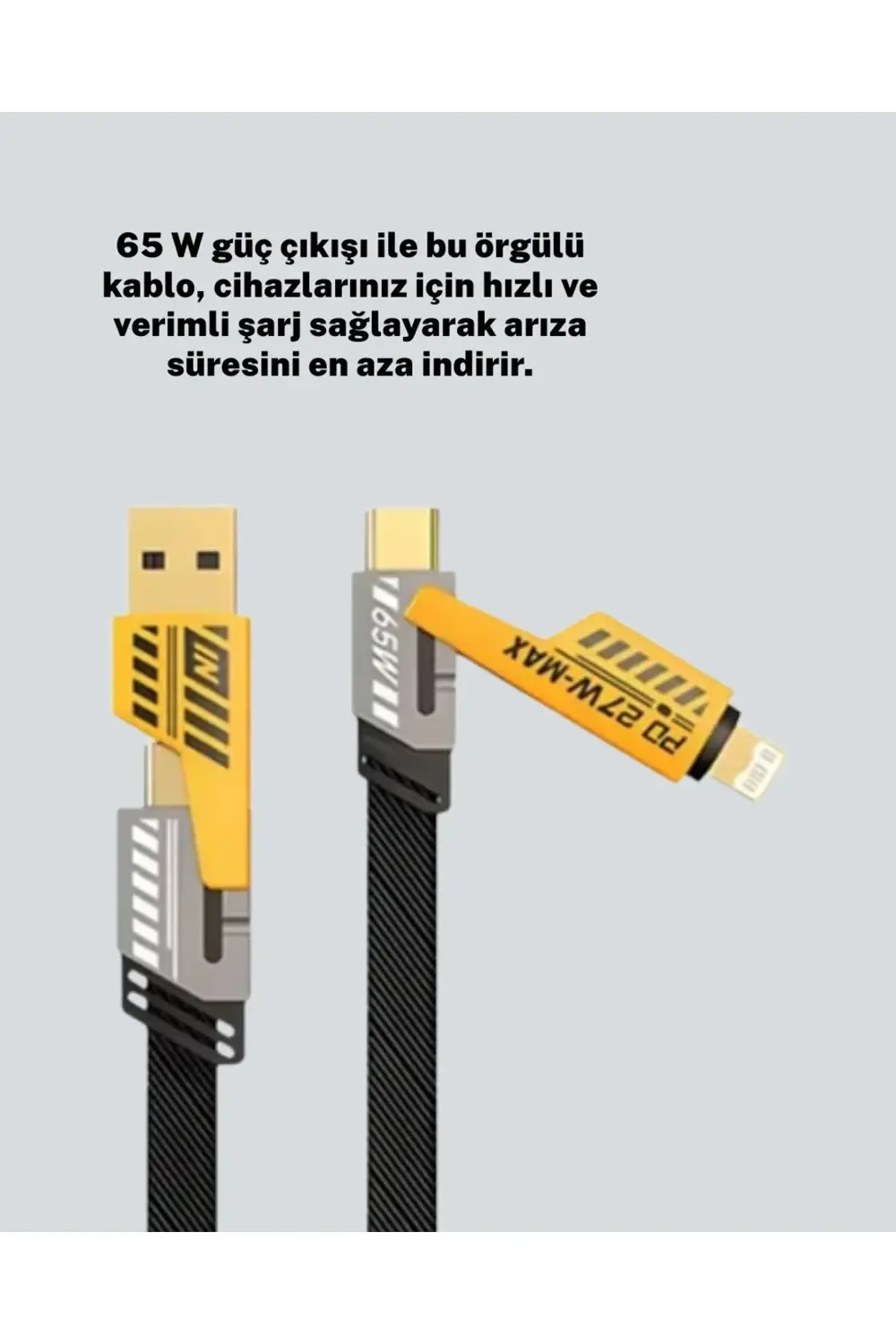 Yüksek Hızlı 65W Güç Çıkışlı Çoklu Cihaz Uyumlu Şarj Kablosu