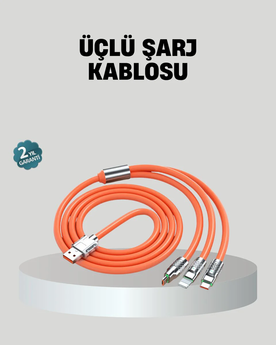 Yüksek Hızlı Üçlü Şarj Kablosu – Uzun Ömürlü, Güvenli ve Hızlı Akım