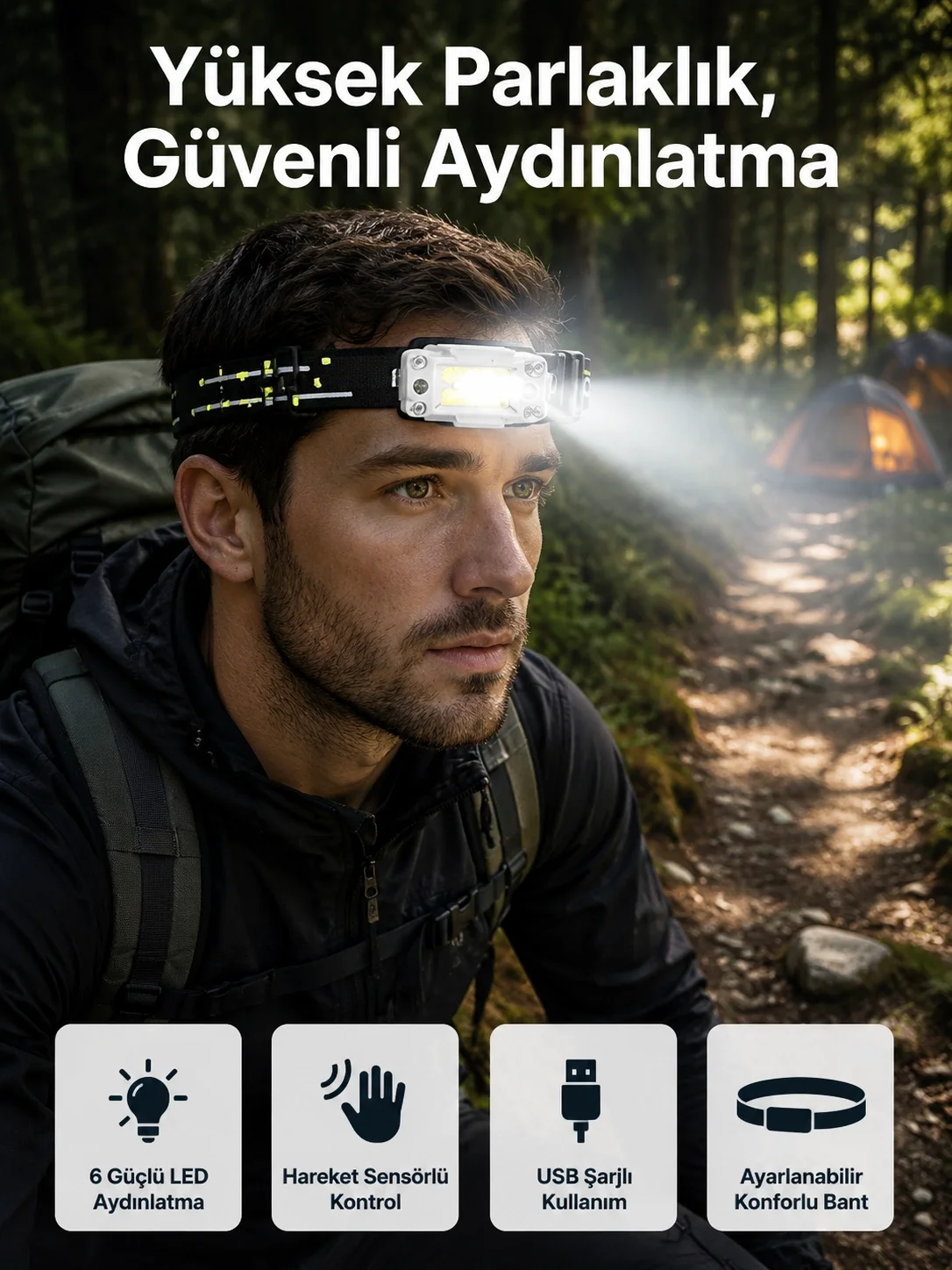 Yüksek Işıklı Şarjlı ve Sensörlü LED Kafa Lambası Kamp Lambası