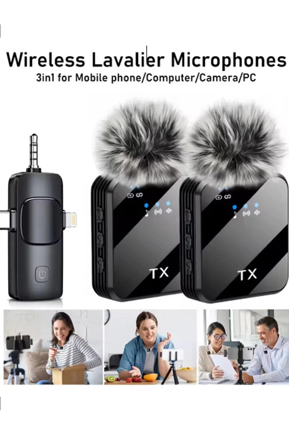 Yüksek Kalite Profesyonel 3 In 1 Kablosuz Taşınabilir Yaka Mikrof