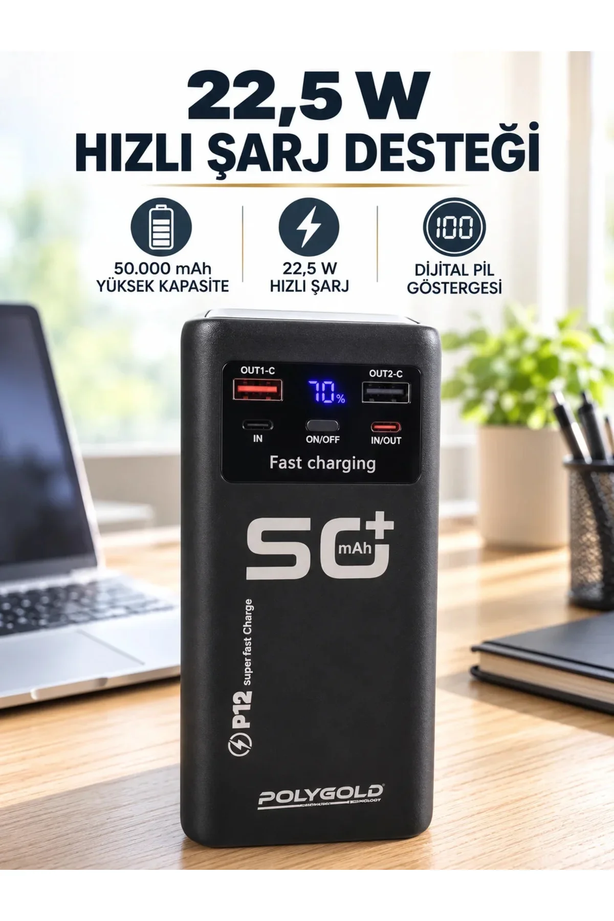 Yüksek Kapasiteli 50.000 mAh Powerbank 22,5 W Hızlı Şarj 4 Dahili Kablo LED Aydınlatma Yüksek Kapasiteli 50.000 mAh Powerbank 22,5 W Hızlı Şarj 4 Dahili Kablo LED Aydınlatma