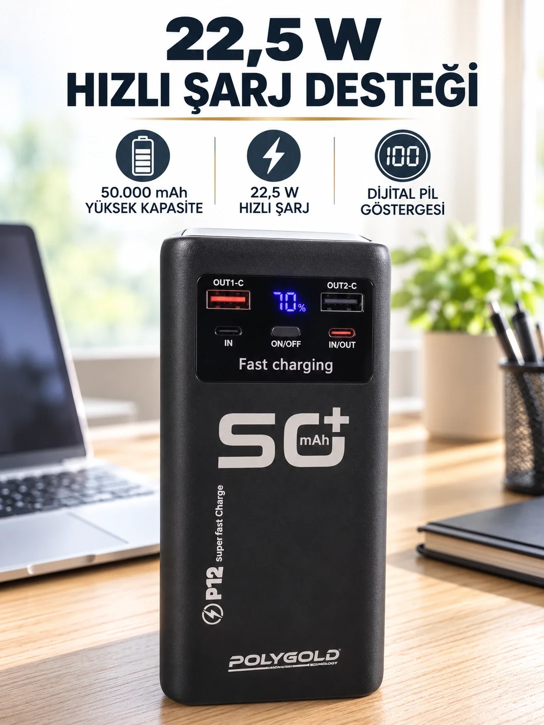 Yüksek Kapasiteli 50.000 mAh Powerbank 22,5 W Hızlı Şarj 4 Dahili Kablo LED Aydınlatma Yüksek Kapasiteli 50.000 mAh Powerbank 22,5 W Hızlı Şarj 4 Dahili Kablo LED Aydınlatma