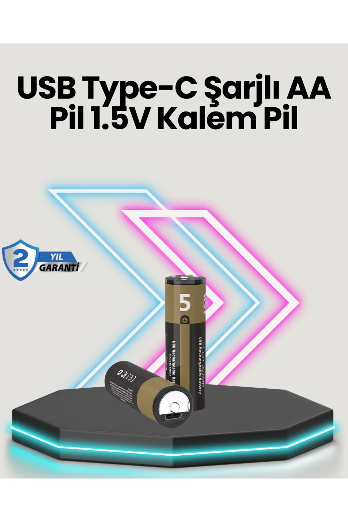 Yüksek Performanslı AA USB Şarjlı Lityum Pil | 1.5V Sabit Güç | 2’li Paket
