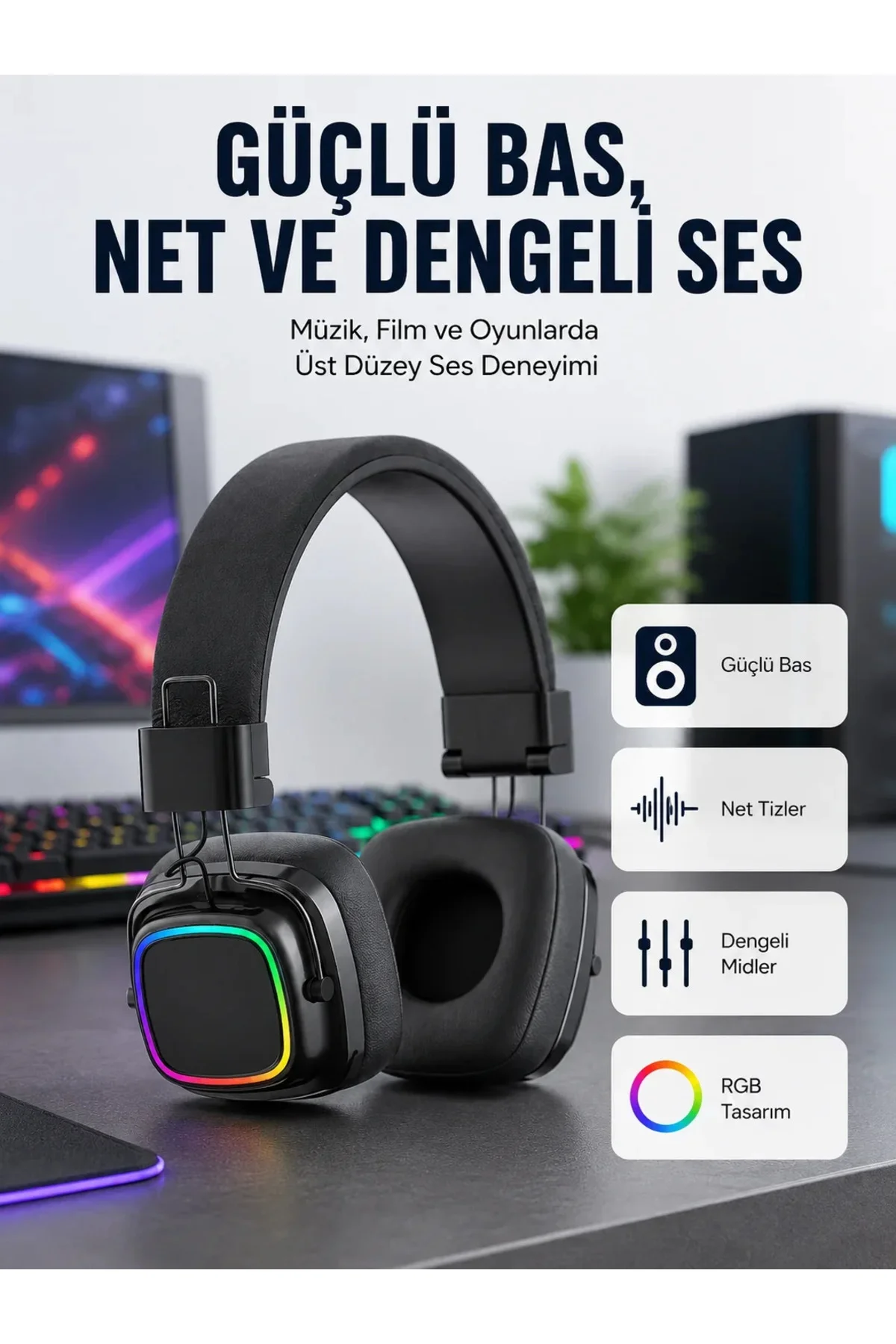 Yüksek Ses Kaliteli Kablosuz Kulak Üstü Kulaklık – BT 5.3 Yüksek Ses Kaliteli Kablosuz Kulak Üstü Kulaklık – BT 5.3
