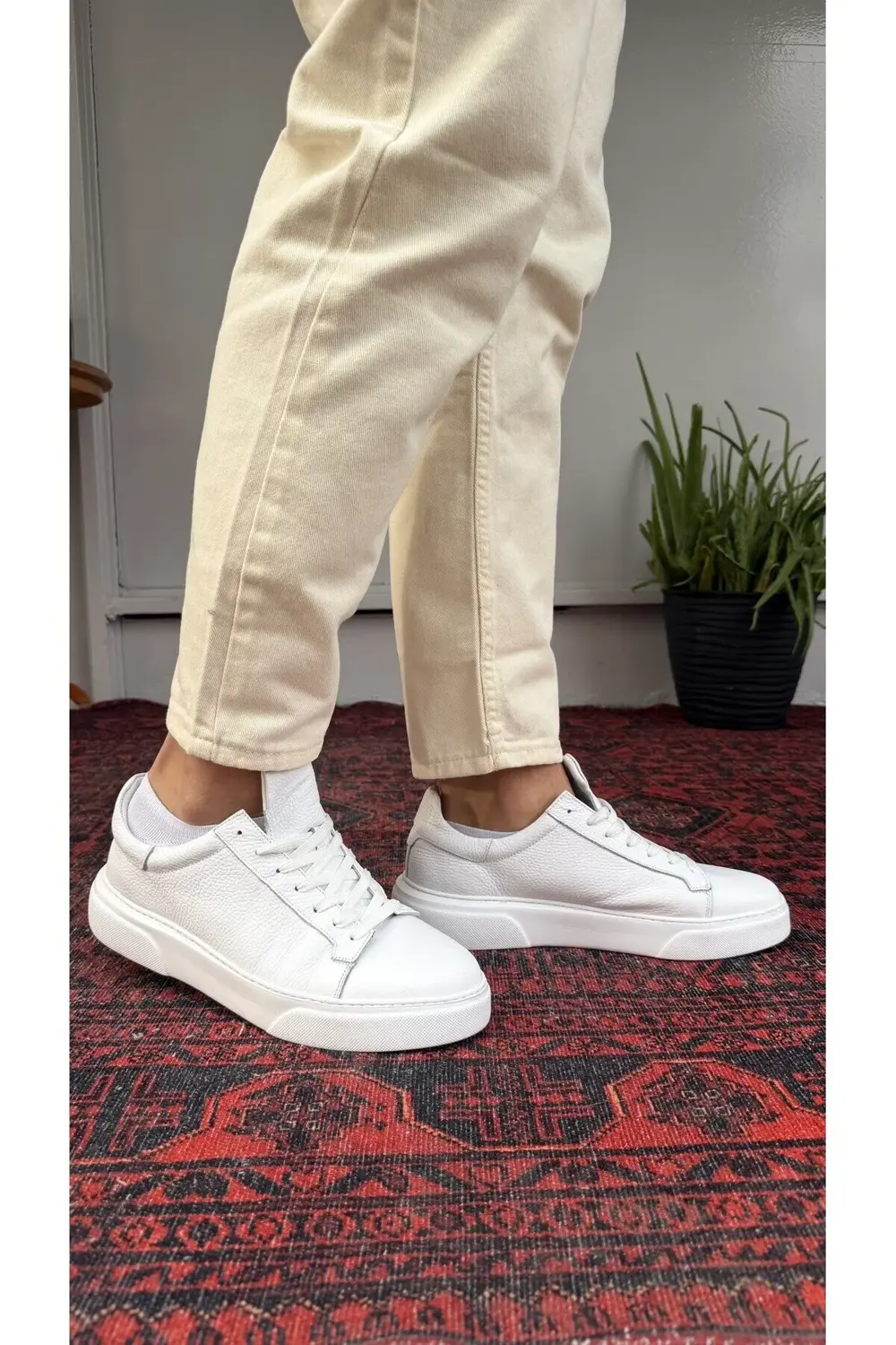 Yüksek Taban Beyaz Deri Ayakkabı