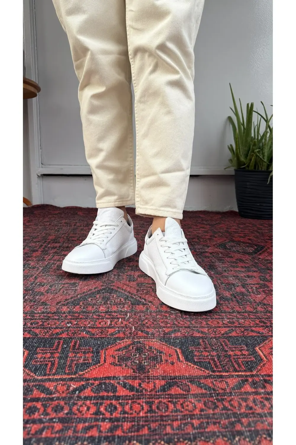 Yüksek Taban Beyaz Deri Ayakkabı