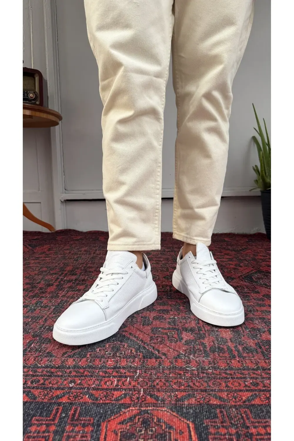 Yüksek Taban Beyaz Deri Ayakkabı