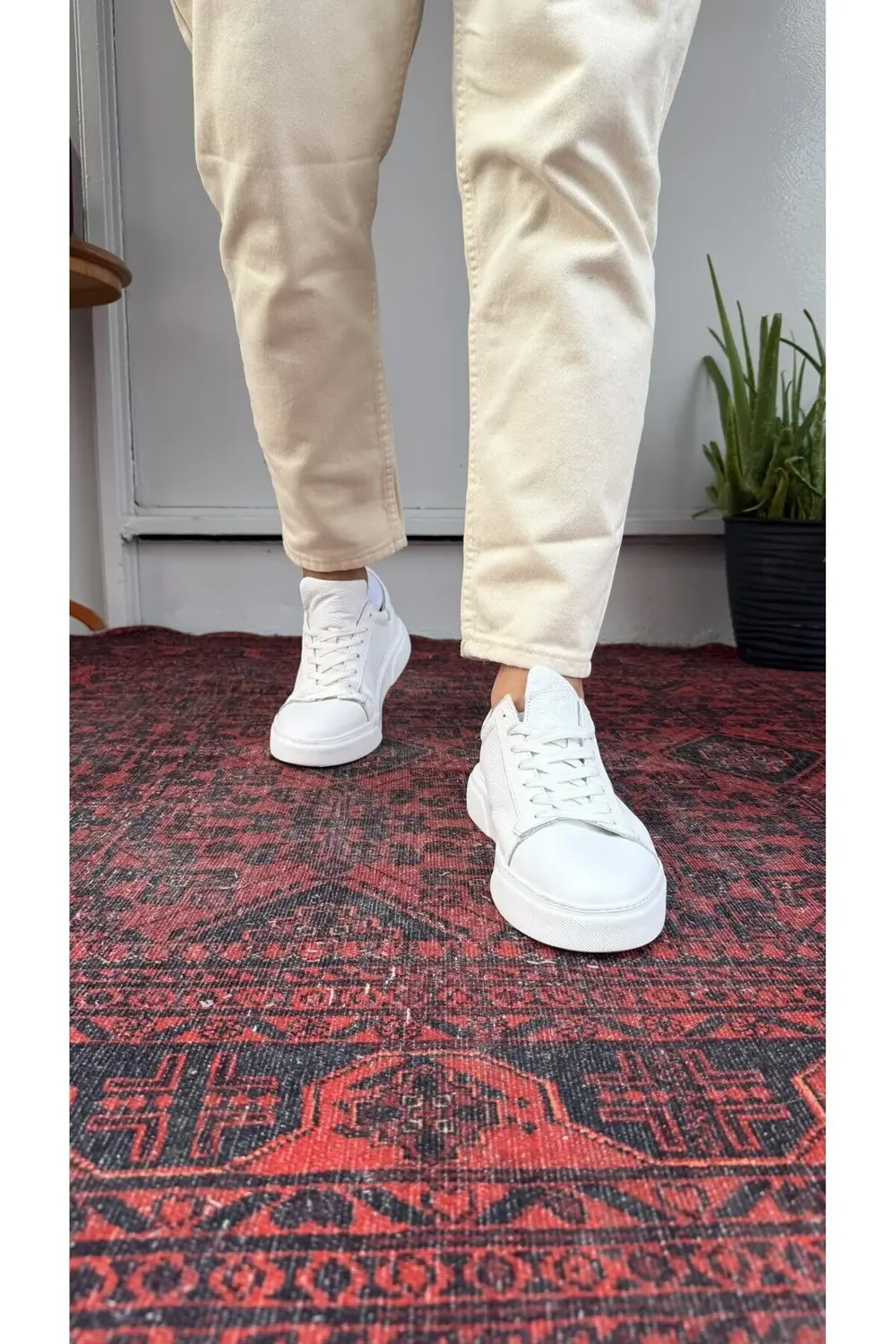 Yüksek Taban Beyaz Deri Ayakkabı