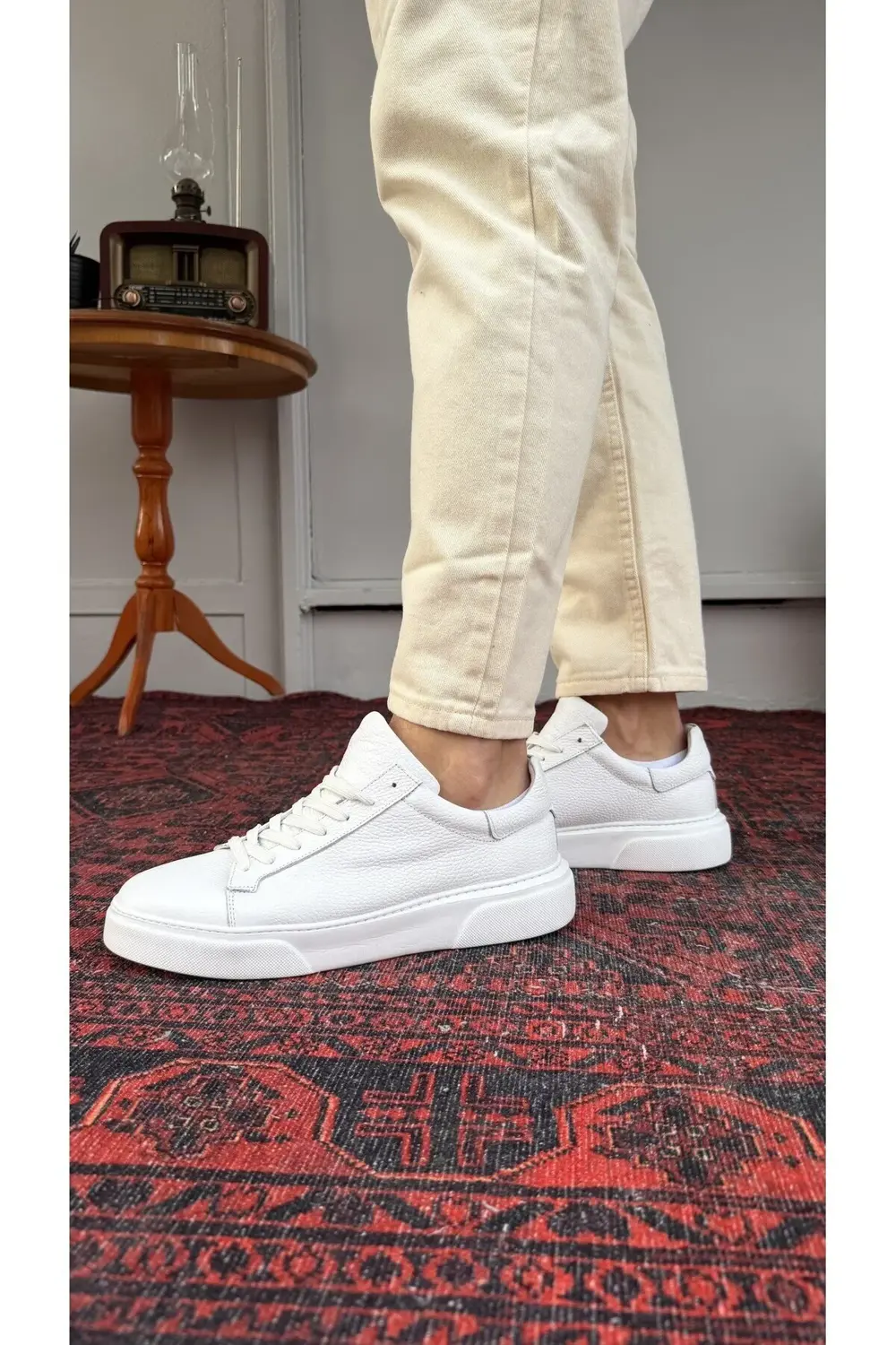 Yüksek Taban Beyaz Deri Ayakkabı