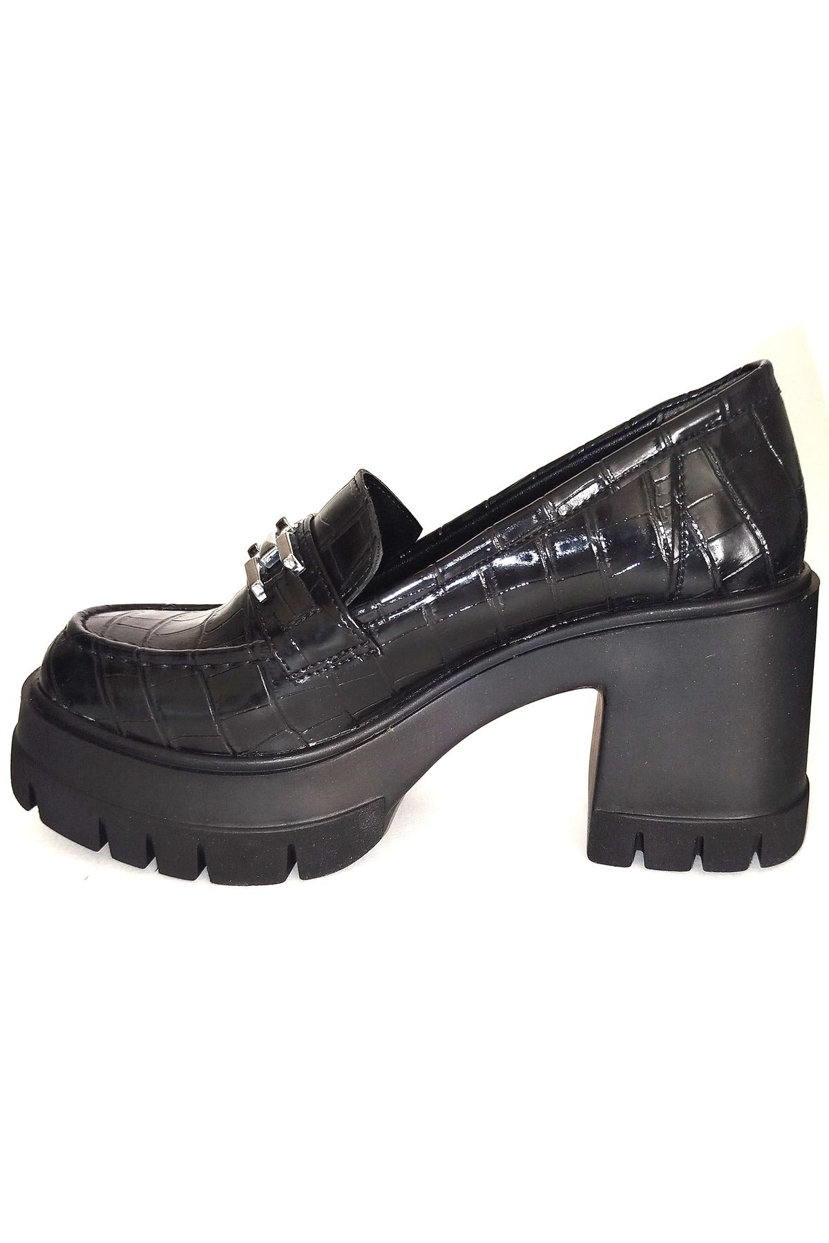 Yüksek Taban Business Loafer Tokalı Ayakkabı Kroke Rugan Siyah