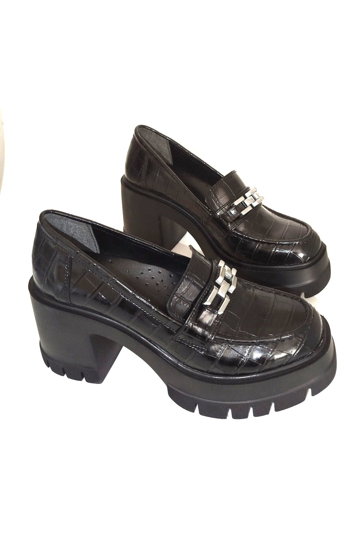 Yüksek Taban Business Loafer Tokalı Ayakkabı Kroke Rugan Siyah