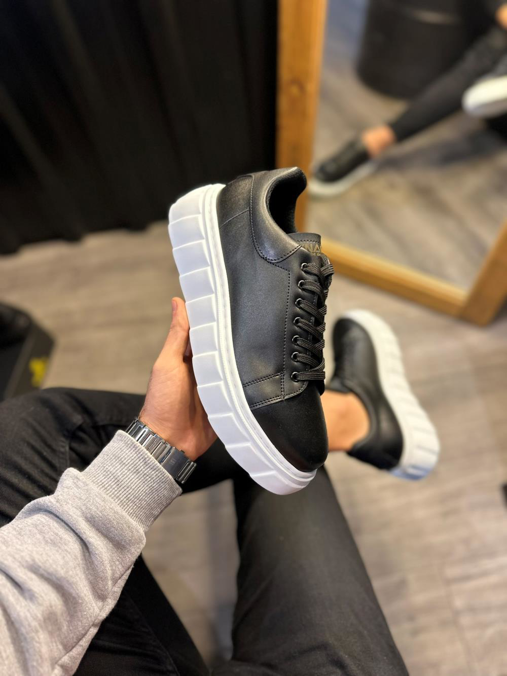 Yüksek Taban Günlük  Ayakkabı 144  Siyah (Beyaz Taban)