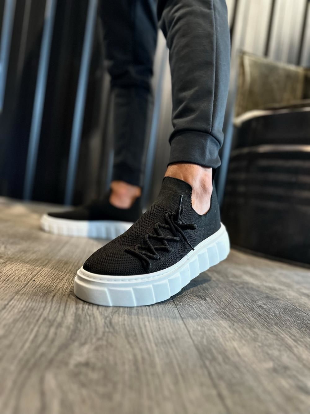 Yüksek Taban Günlük Ayakkabı 1025 Siyah (Beyaz Taban)