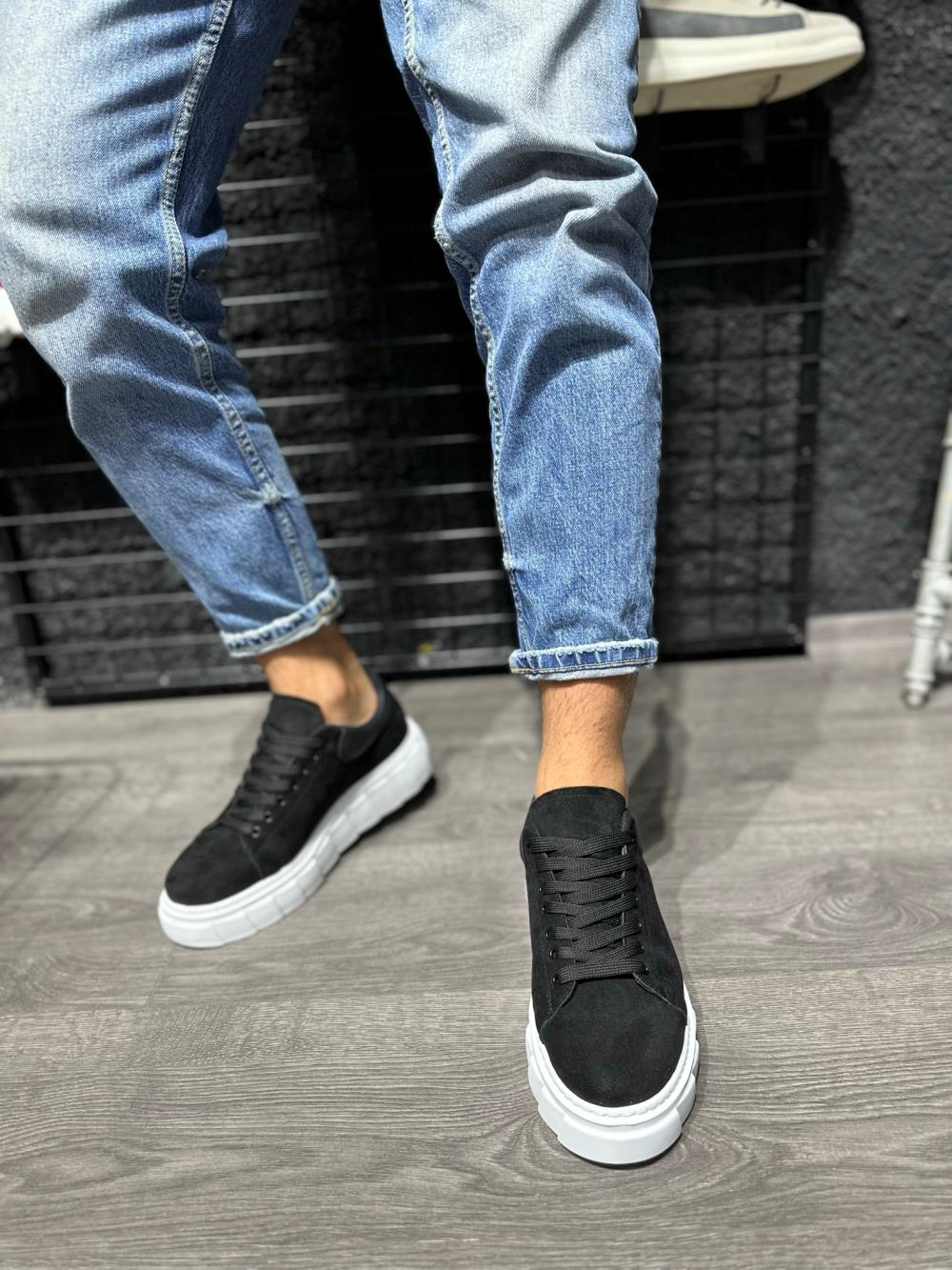 Yüksek Taban Günlük Süet Ayakkabı 144  Siyah (Beyaz Taban)